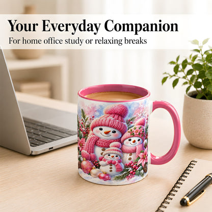 #pl[11oz|Pink] Pink Snowman Family Coffee Mug, Winter Snowman Mug, Ceramic Cup