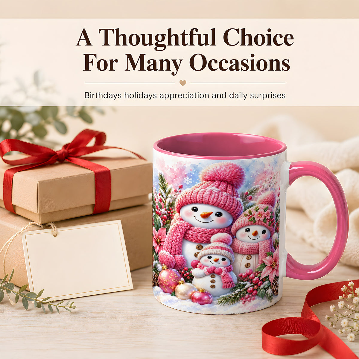 #pl[11oz|Pink] Pink Snowman Family Coffee Mug, Winter Snowman Mug, Ceramic Cup