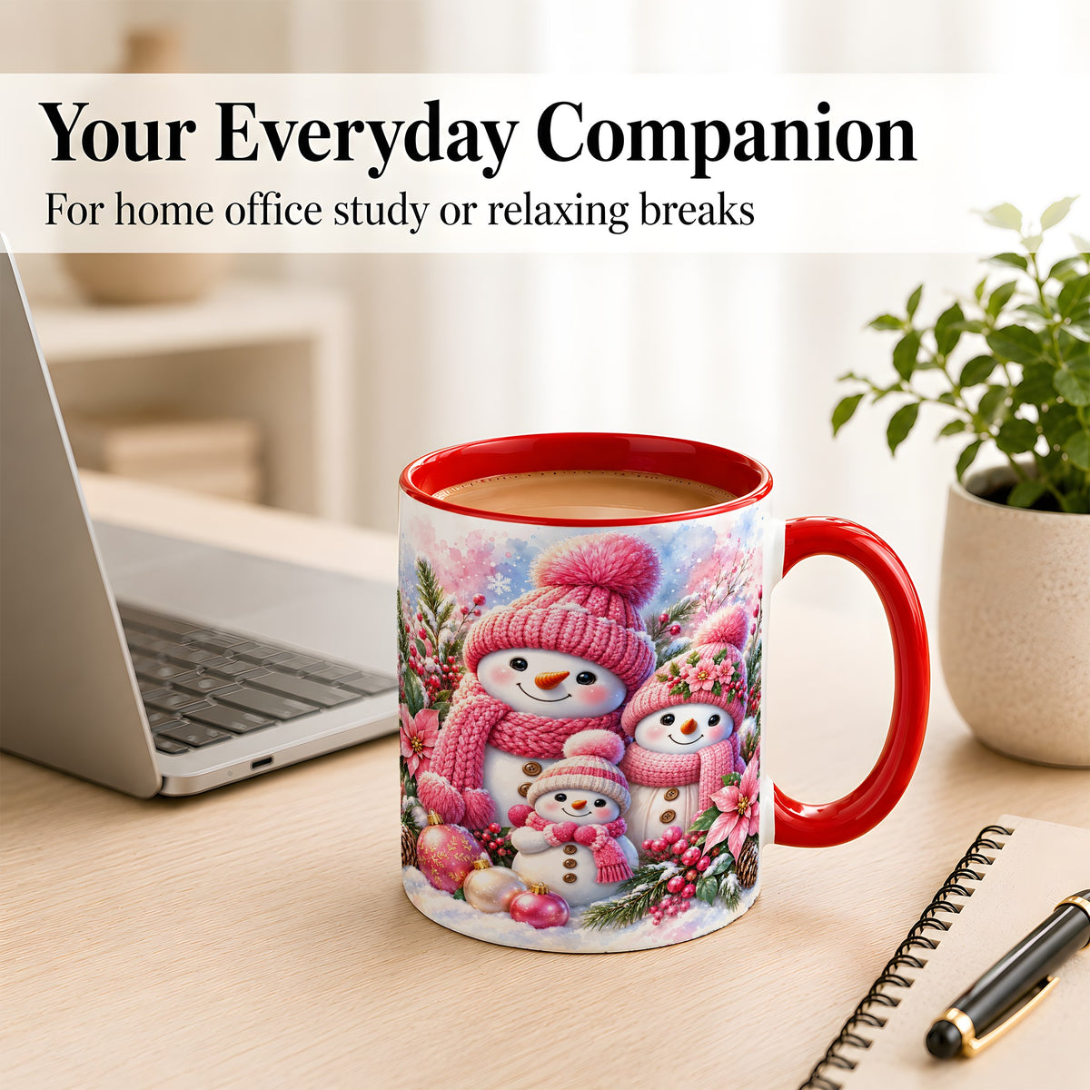 #pl[11oz|Red] Pink Snowman Family Coffee Mug, Winter Snowman Mug, Ceramic Cup