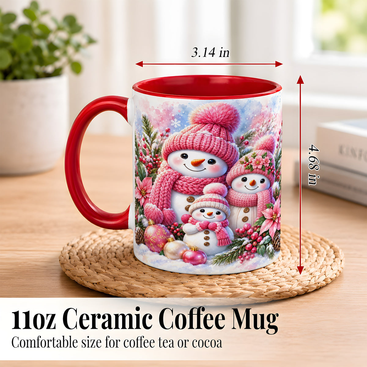 #pl[11oz|Red] Pink Snowman Family Coffee Mug, Winter Snowman Mug, Ceramic Cup