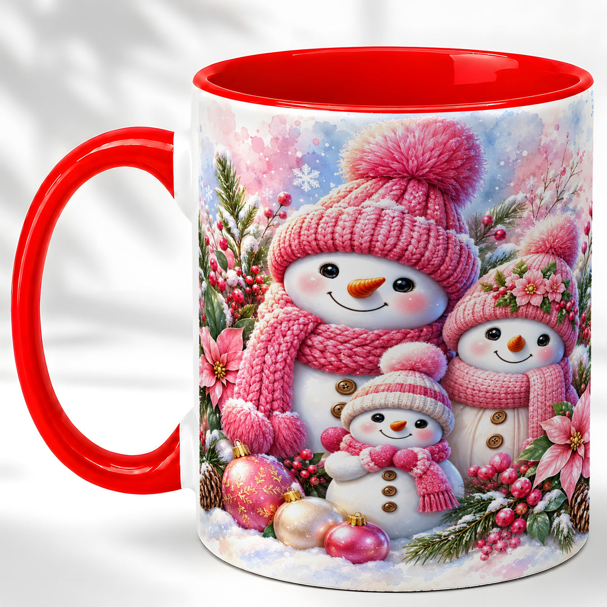 Pink Snowman Family Coffee Mug, Winter Snowman Mug, Ceramic Cup