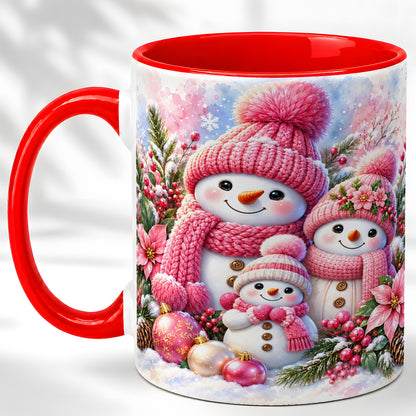 Pink Snowman Family Coffee Mug, Winter Snowman Mug, Ceramic Cup