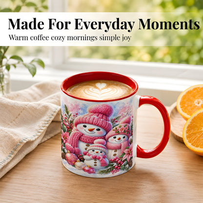 #pl[11oz|Red] Pink Snowman Family Coffee Mug, Winter Snowman Mug, Ceramic Cup