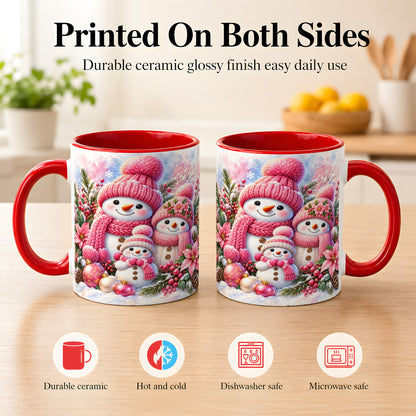 #pl[11oz|Red] Pink Snowman Family Coffee Mug, Winter Snowman Mug, Ceramic Cup