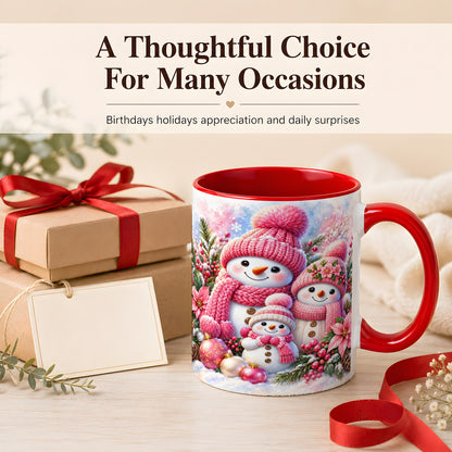 #pl[11oz|Red] Pink Snowman Family Coffee Mug, Winter Snowman Mug, Ceramic Cup