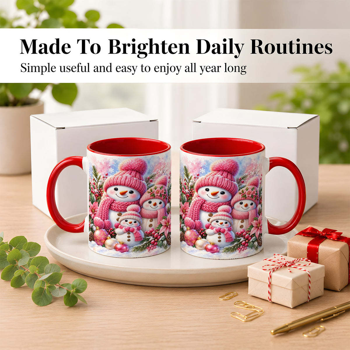 #pl[11oz|Red] Pink Snowman Family Coffee Mug, Winter Snowman Mug, Ceramic Cup
