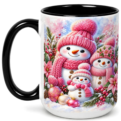 #pl[15oz|Black] Pink Snowman Family Coffee Mug, Winter Snowman Mug, Ceramic Cup