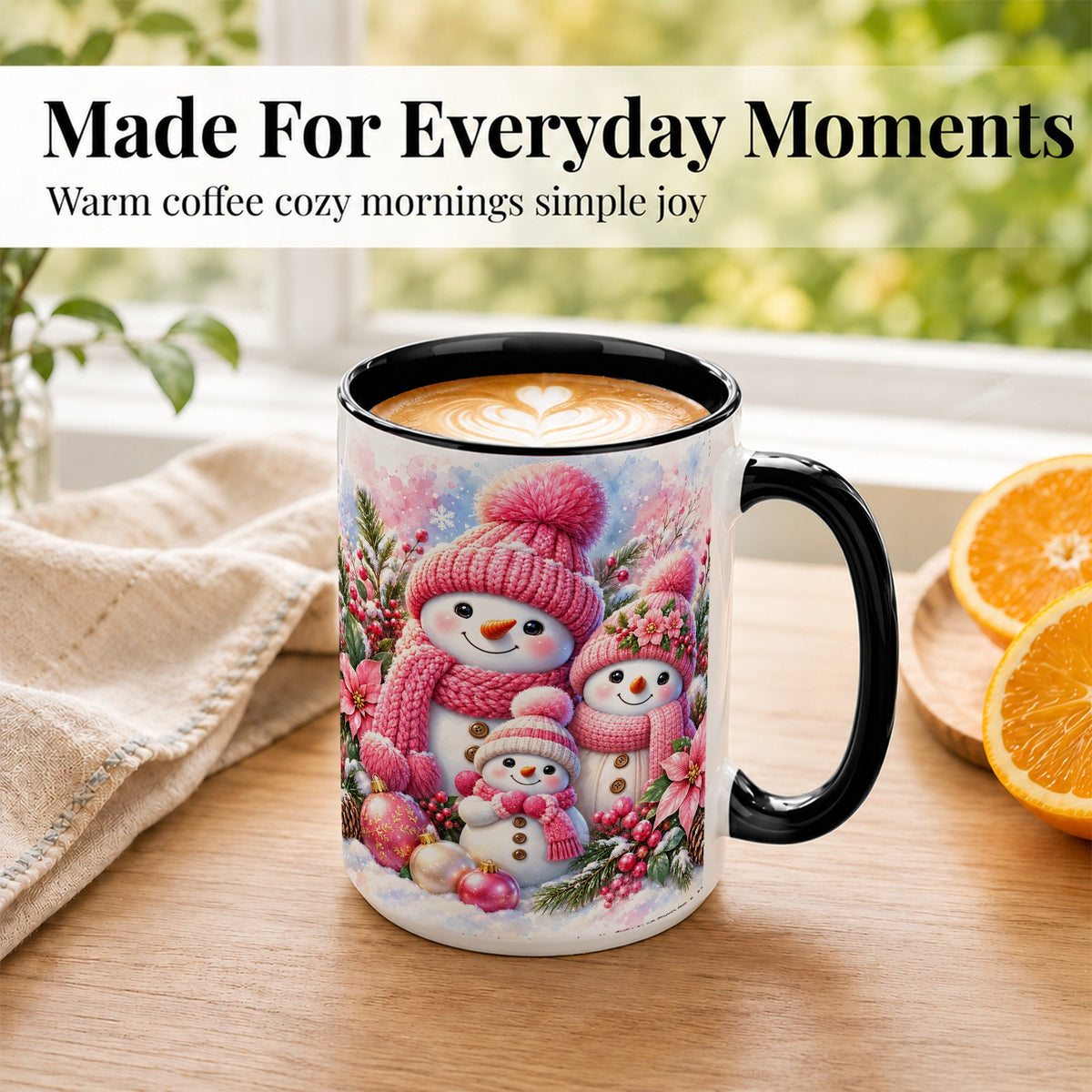 #pl[15oz|Black] Pink Snowman Family Coffee Mug, Winter Snowman Mug, Ceramic Cup