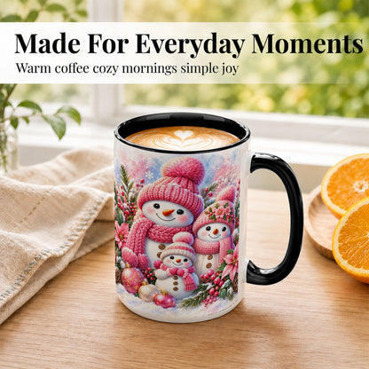 #pl[15oz|Black] Pink Snowman Family Coffee Mug, Winter Snowman Mug, Ceramic Cup