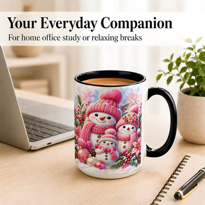 #pl[15oz|Black] Pink Snowman Family Coffee Mug, Winter Snowman Mug, Ceramic Cup