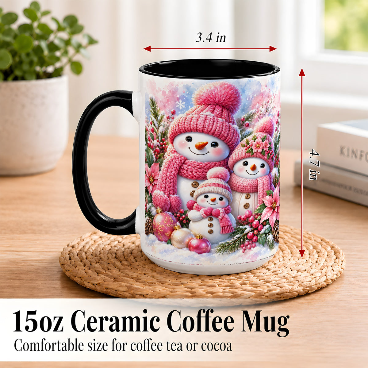 #pl[15oz|Black] Pink Snowman Family Coffee Mug, Winter Snowman Mug, Ceramic Cup