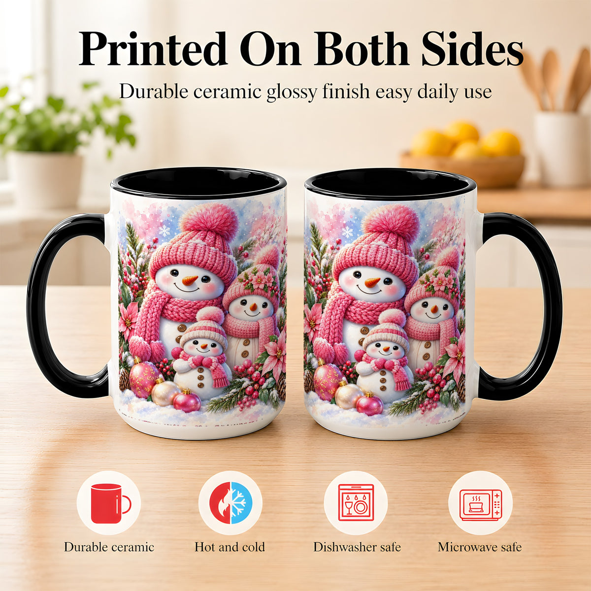 #pl[15oz|Black] Pink Snowman Family Coffee Mug, Winter Snowman Mug, Ceramic Cup