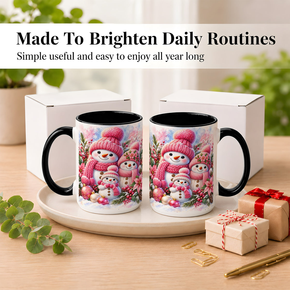 #pl[15oz|Black] Pink Snowman Family Coffee Mug, Winter Snowman Mug, Ceramic Cup