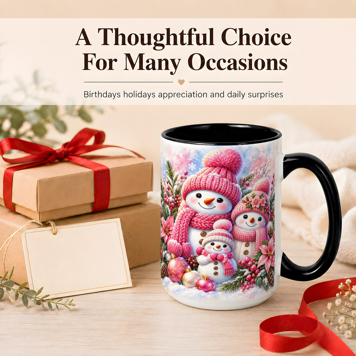 #pl[15oz|Black] Pink Snowman Family Coffee Mug, Winter Snowman Mug, Ceramic Cup