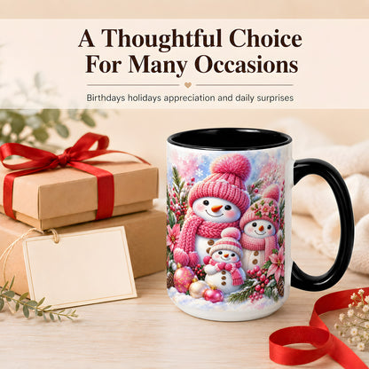 #pl[15oz|Black] Pink Snowman Family Coffee Mug, Winter Snowman Mug, Ceramic Cup