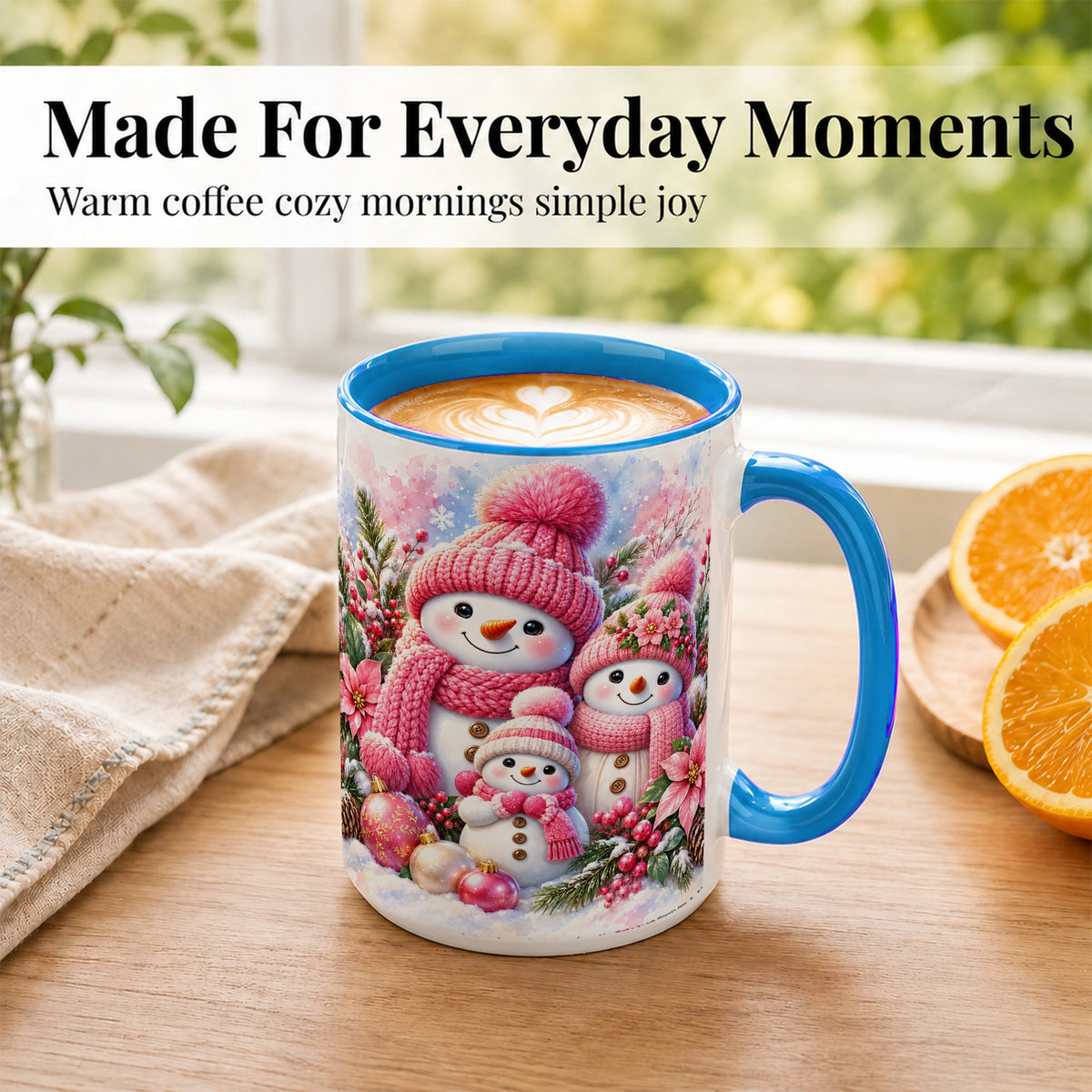 #pl[15oz|Blue] Pink Snowman Family Coffee Mug, Winter Snowman Mug, Ceramic Cup