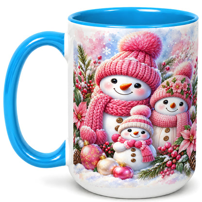 #pl[15oz|Blue] Pink Snowman Family Coffee Mug, Winter Snowman Mug, Ceramic Cup