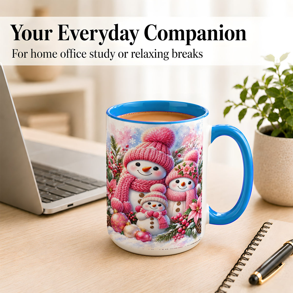 #pl[15oz|Blue] Pink Snowman Family Coffee Mug, Winter Snowman Mug, Ceramic Cup