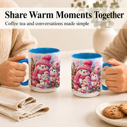 #pl[15oz|Blue] Pink Snowman Family Coffee Mug, Winter Snowman Mug, Ceramic Cup