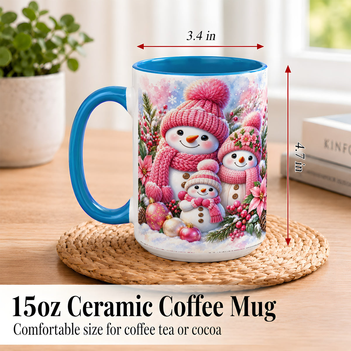 #pl[15oz|Blue] Pink Snowman Family Coffee Mug, Winter Snowman Mug, Ceramic Cup