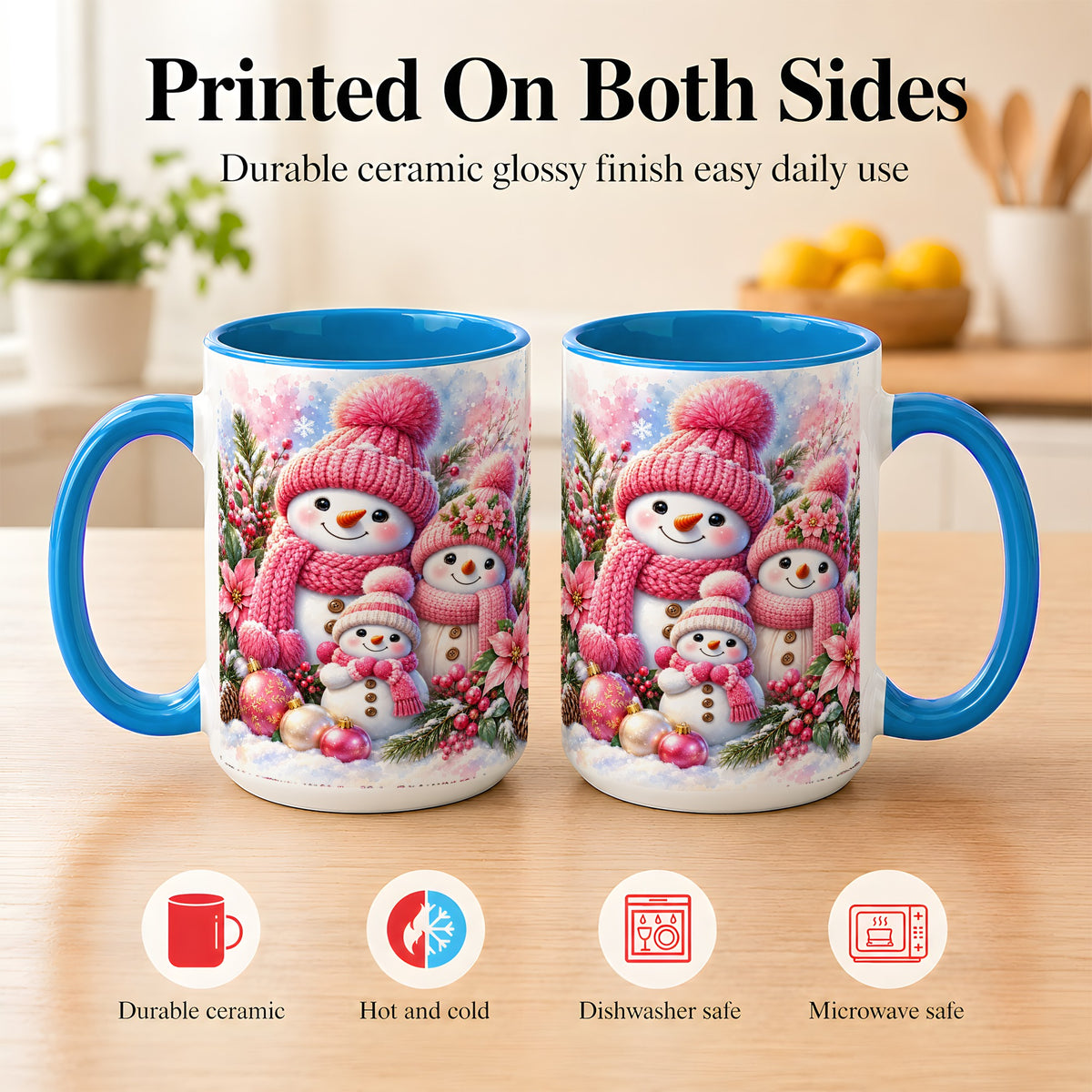 #pl[15oz|Blue] Pink Snowman Family Coffee Mug, Winter Snowman Mug, Ceramic Cup