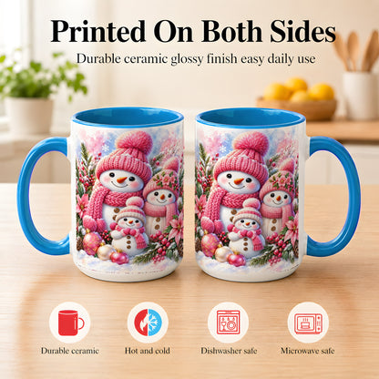 #pl[15oz|Blue] Pink Snowman Family Coffee Mug, Winter Snowman Mug, Ceramic Cup