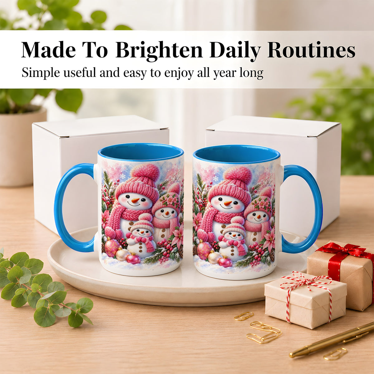 #pl[15oz|Blue] Pink Snowman Family Coffee Mug, Winter Snowman Mug, Ceramic Cup