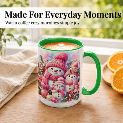 #pl[15oz|Green] Pink Snowman Family Coffee Mug, Winter Snowman Mug, Ceramic Cup