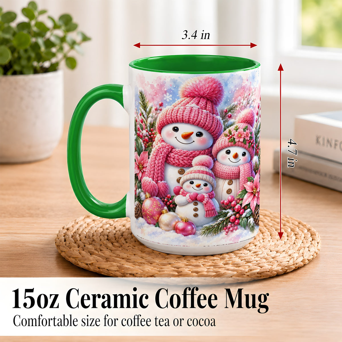 #pl[15oz|Green] Pink Snowman Family Coffee Mug, Winter Snowman Mug, Ceramic Cup