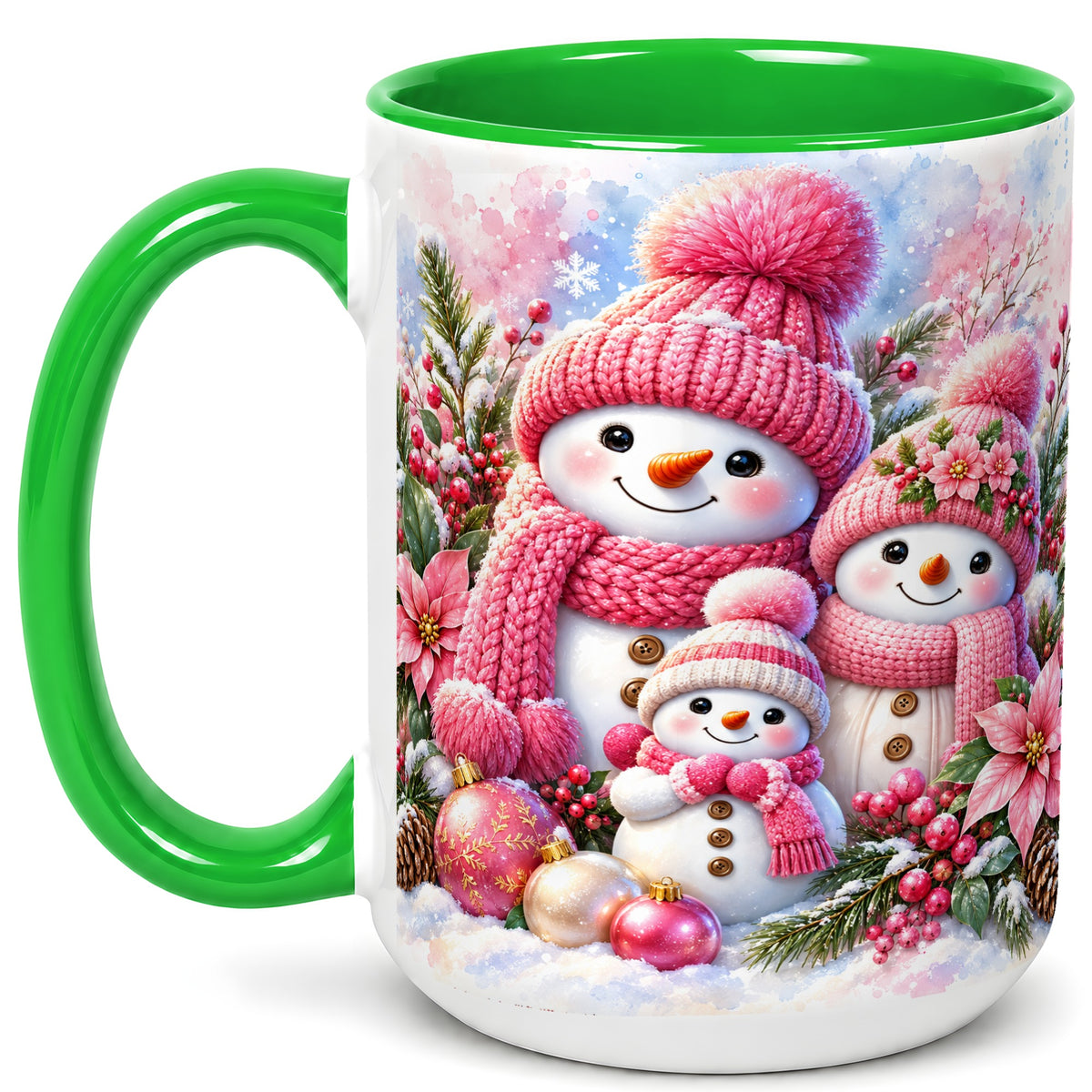 #pl[15oz|Green] Pink Snowman Family Coffee Mug, Winter Snowman Mug, Ceramic Cup