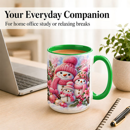 #pl[15oz|Green] Pink Snowman Family Coffee Mug, Winter Snowman Mug, Ceramic Cup