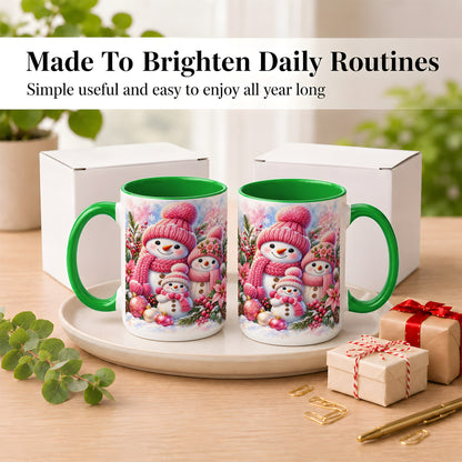 #pl[15oz|Green] Pink Snowman Family Coffee Mug, Winter Snowman Mug, Ceramic Cup