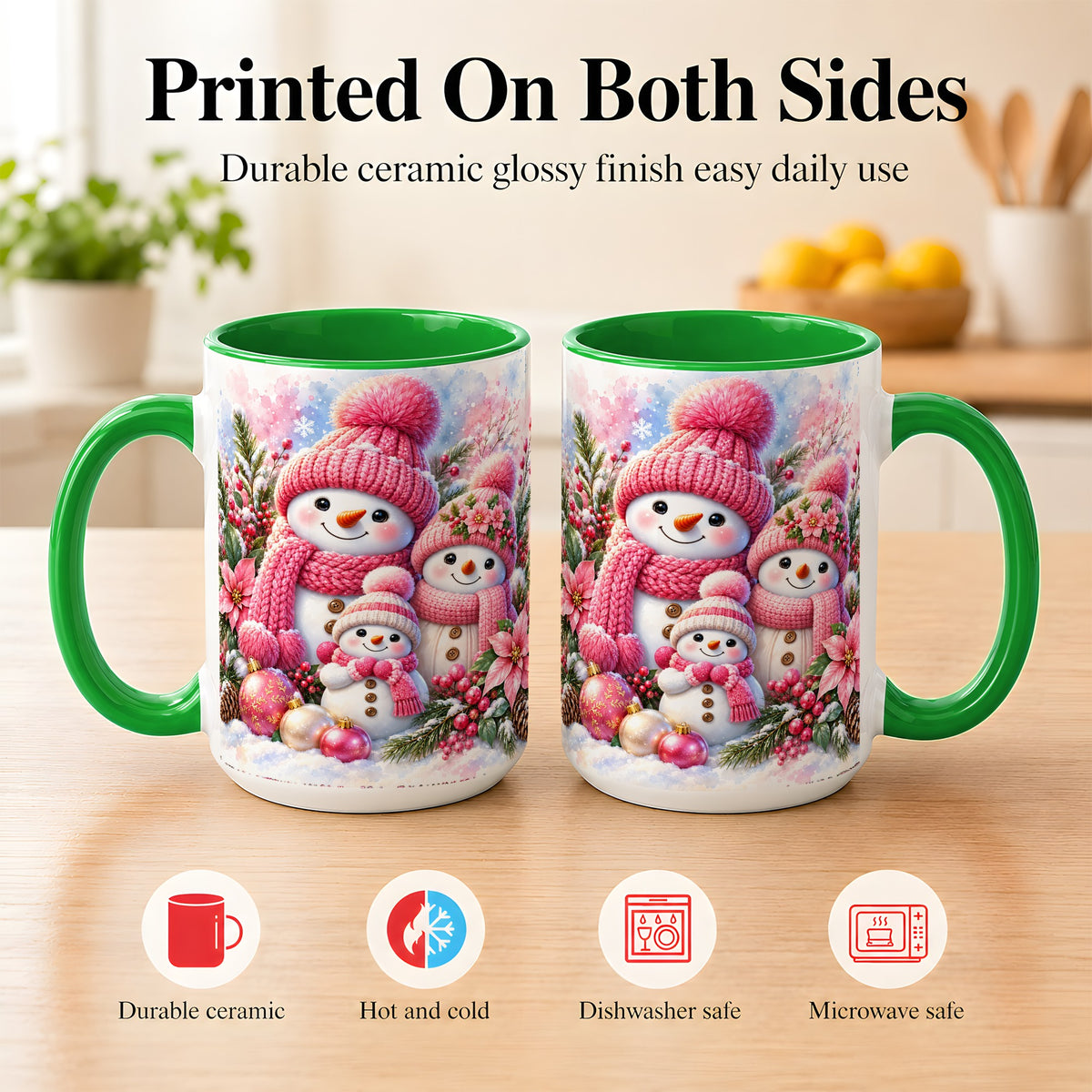#pl[15oz|Green] Pink Snowman Family Coffee Mug, Winter Snowman Mug, Ceramic Cup
