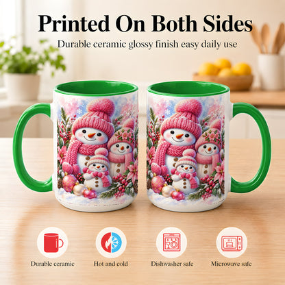 #pl[15oz|Green] Pink Snowman Family Coffee Mug, Winter Snowman Mug, Ceramic Cup