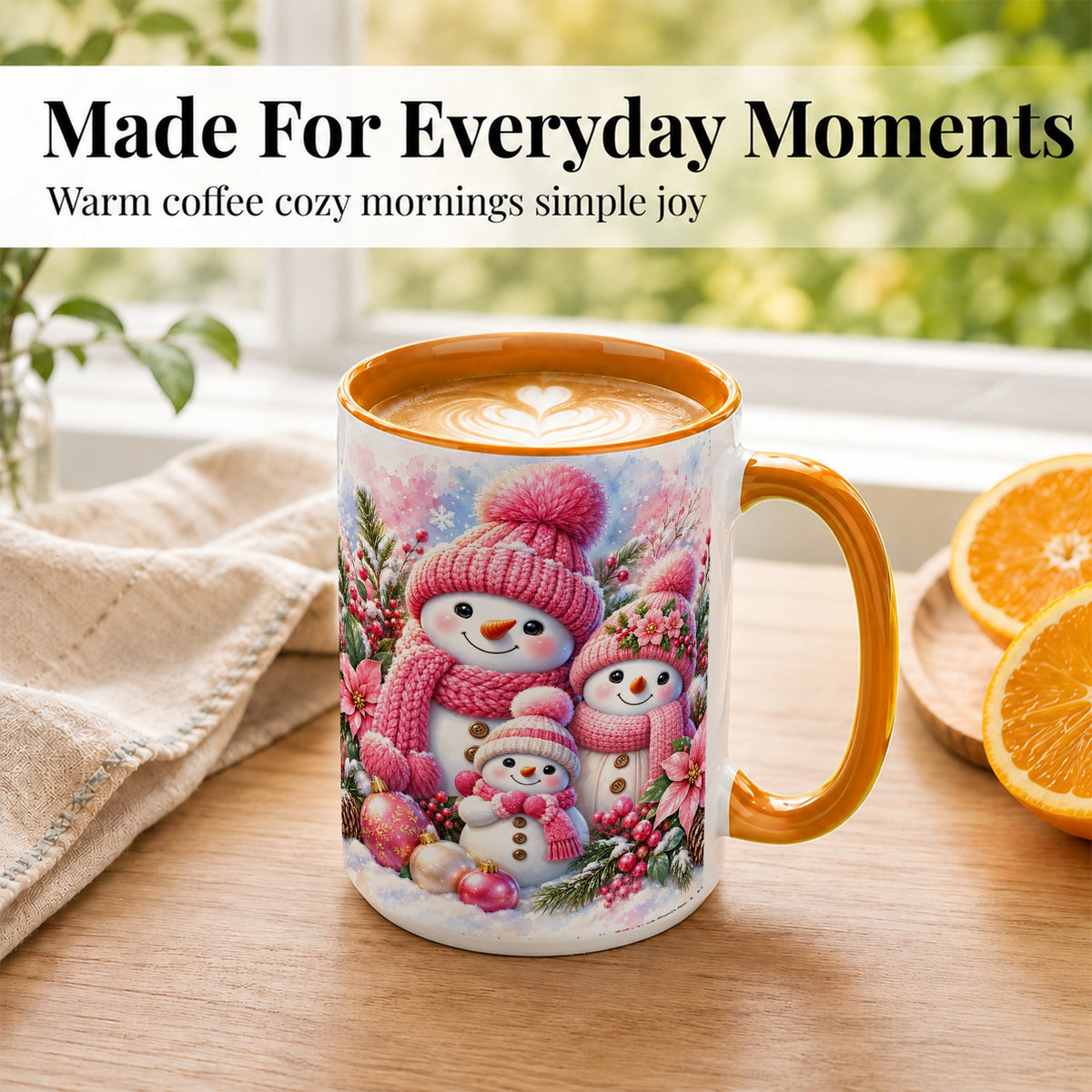 #pl[15oz|Orange] Pink Snowman Family Coffee Mug, Winter Snowman Mug, Ceramic Cup