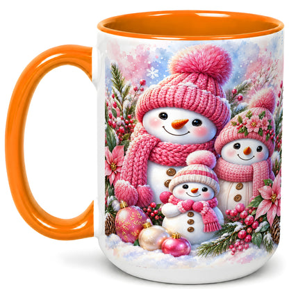#pl[15oz|Orange] Pink Snowman Family Coffee Mug, Winter Snowman Mug, Ceramic Cup