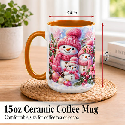 #pl[15oz|Orange] Pink Snowman Family Coffee Mug, Winter Snowman Mug, Ceramic Cup
