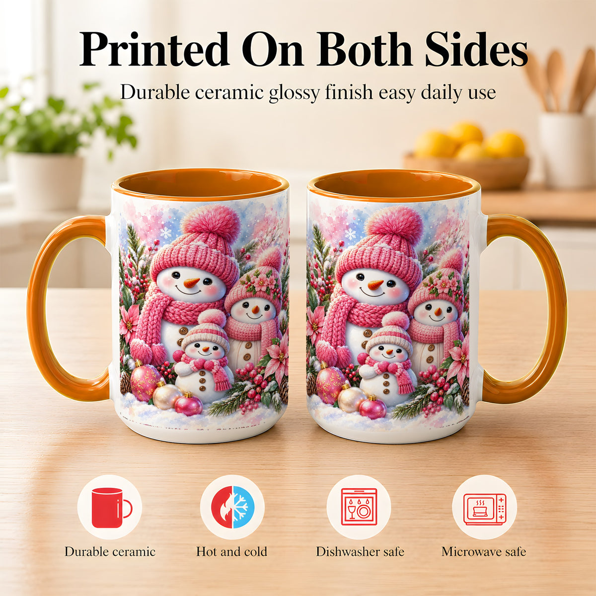#pl[15oz|Orange] Pink Snowman Family Coffee Mug, Winter Snowman Mug, Ceramic Cup