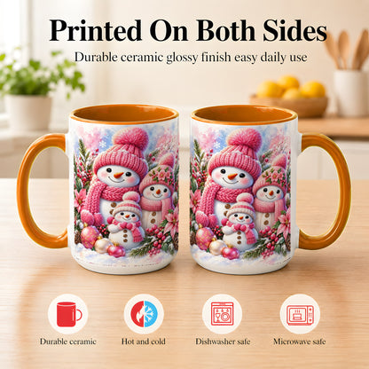 #pl[15oz|Orange] Pink Snowman Family Coffee Mug, Winter Snowman Mug, Ceramic Cup