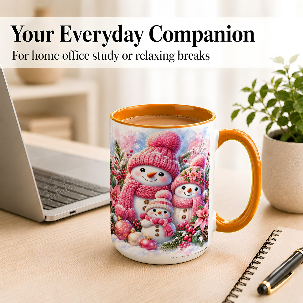#pl[15oz|Orange] Pink Snowman Family Coffee Mug, Winter Snowman Mug, Ceramic Cup