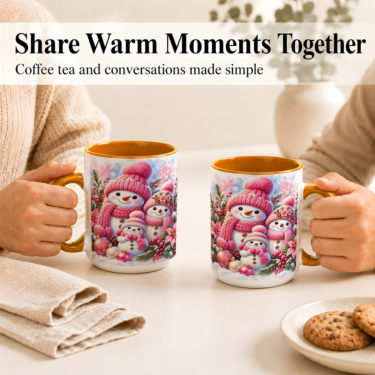 #pl[15oz|Orange] Pink Snowman Family Coffee Mug, Winter Snowman Mug, Ceramic Cup