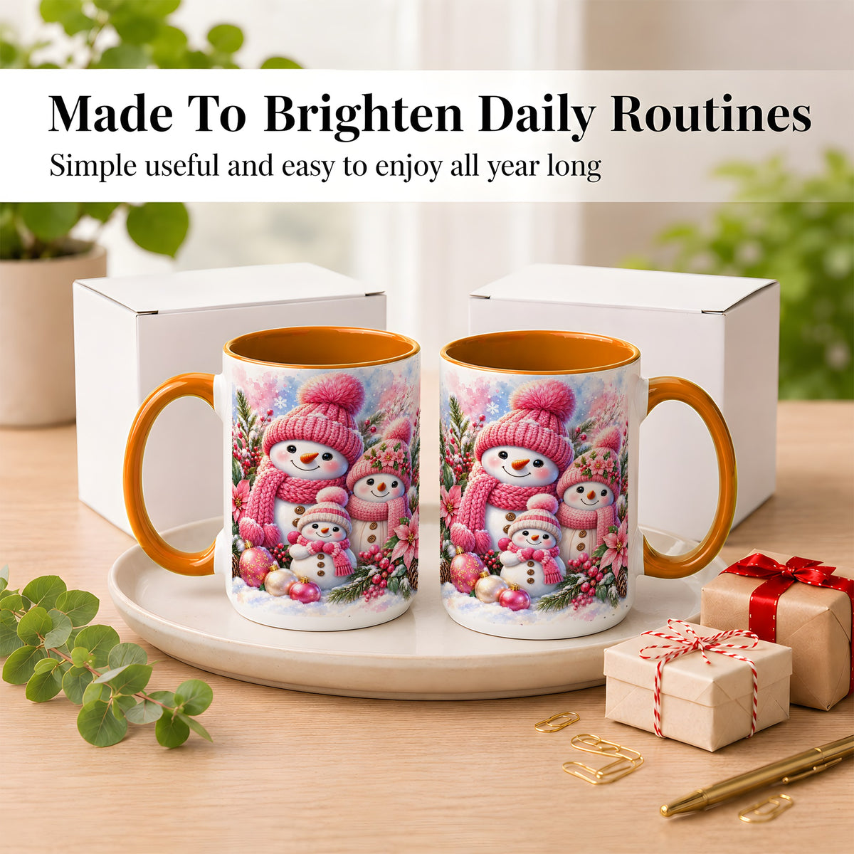#pl[15oz|Orange] Pink Snowman Family Coffee Mug, Winter Snowman Mug, Ceramic Cup