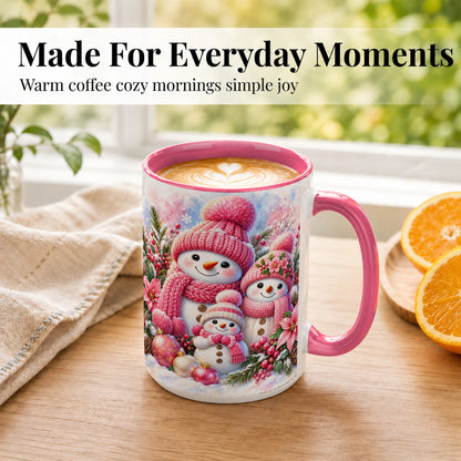 #pl[15oz|Pink] Pink Snowman Family Coffee Mug, Winter Snowman Mug, Ceramic Cup