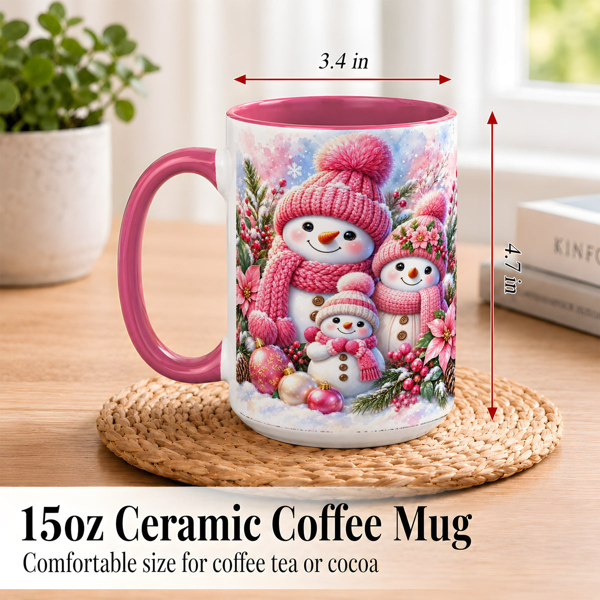 #pl[15oz|Pink] Pink Snowman Family Coffee Mug, Winter Snowman Mug, Ceramic Cup