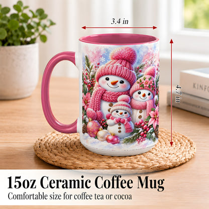 #pl[15oz|Pink] Pink Snowman Family Coffee Mug, Winter Snowman Mug, Ceramic Cup