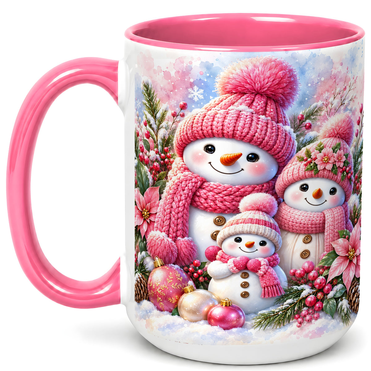 #pl[15oz|Pink] Pink Snowman Family Coffee Mug, Winter Snowman Mug, Ceramic Cup