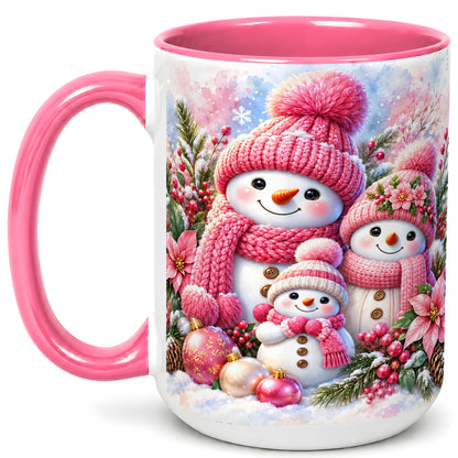 #pl[15oz|Pink] Pink Snowman Family Coffee Mug, Winter Snowman Mug, Ceramic Cup
