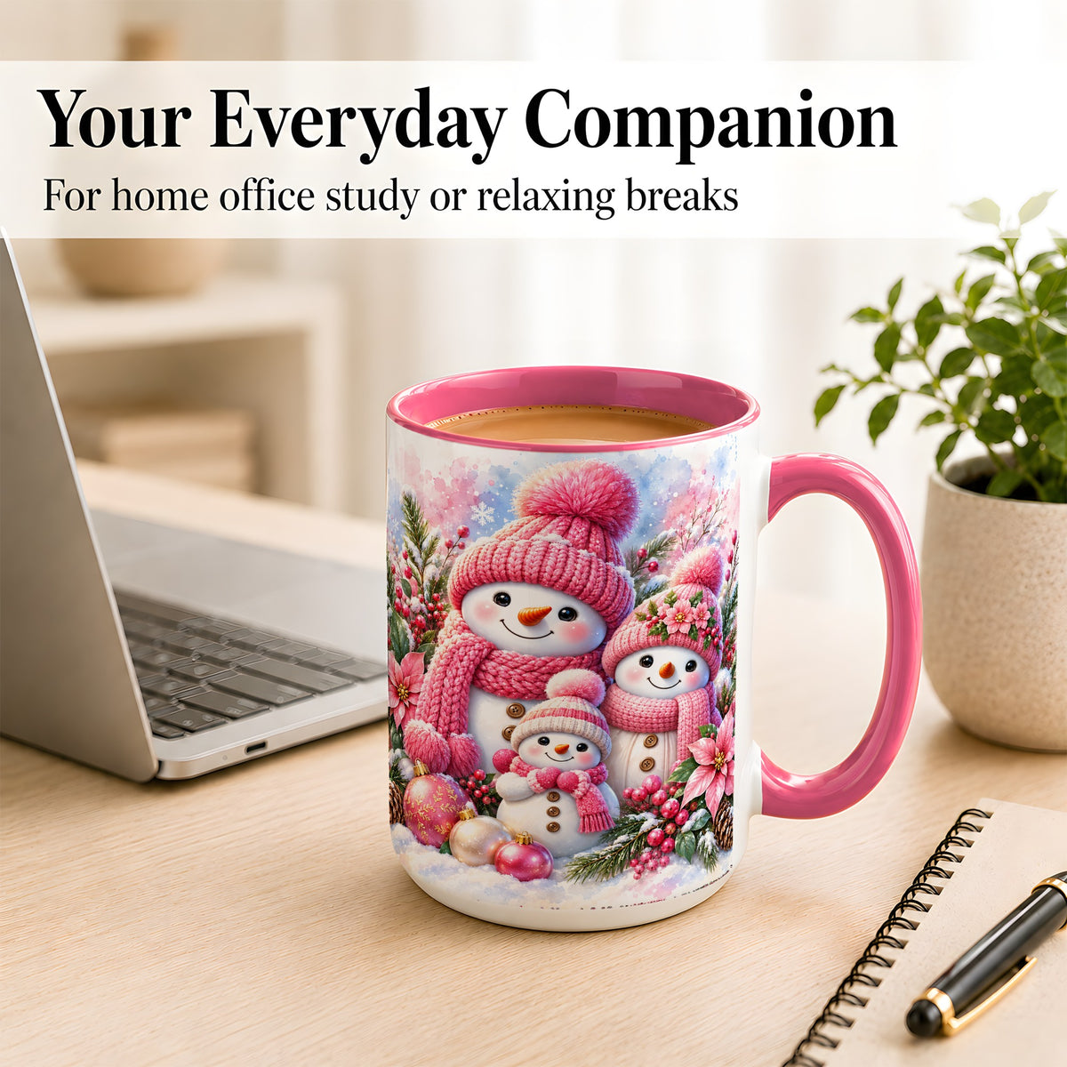#pl[15oz|Pink] Pink Snowman Family Coffee Mug, Winter Snowman Mug, Ceramic Cup