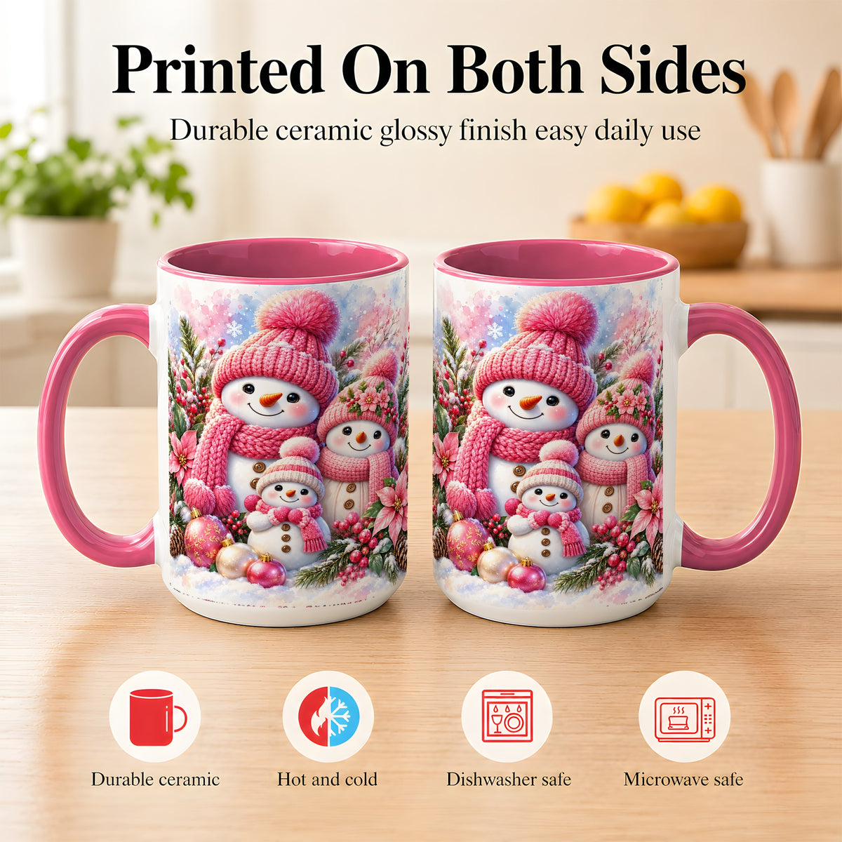 #pl[15oz|Pink] Pink Snowman Family Coffee Mug, Winter Snowman Mug, Ceramic Cup