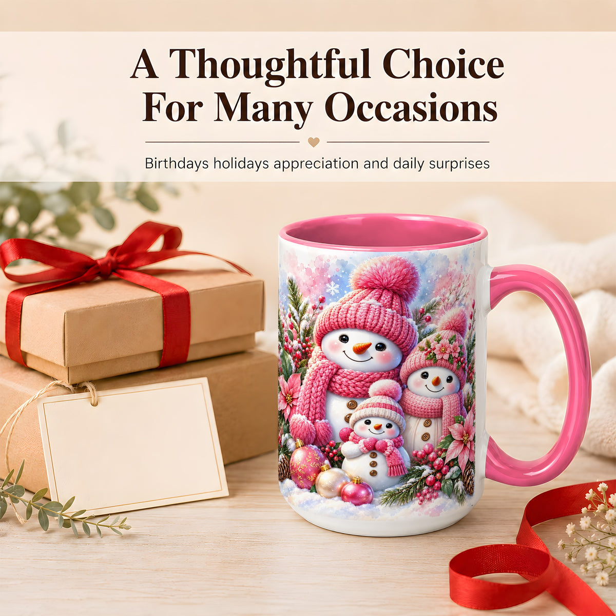 #pl[15oz|Pink] Pink Snowman Family Coffee Mug, Winter Snowman Mug, Ceramic Cup
